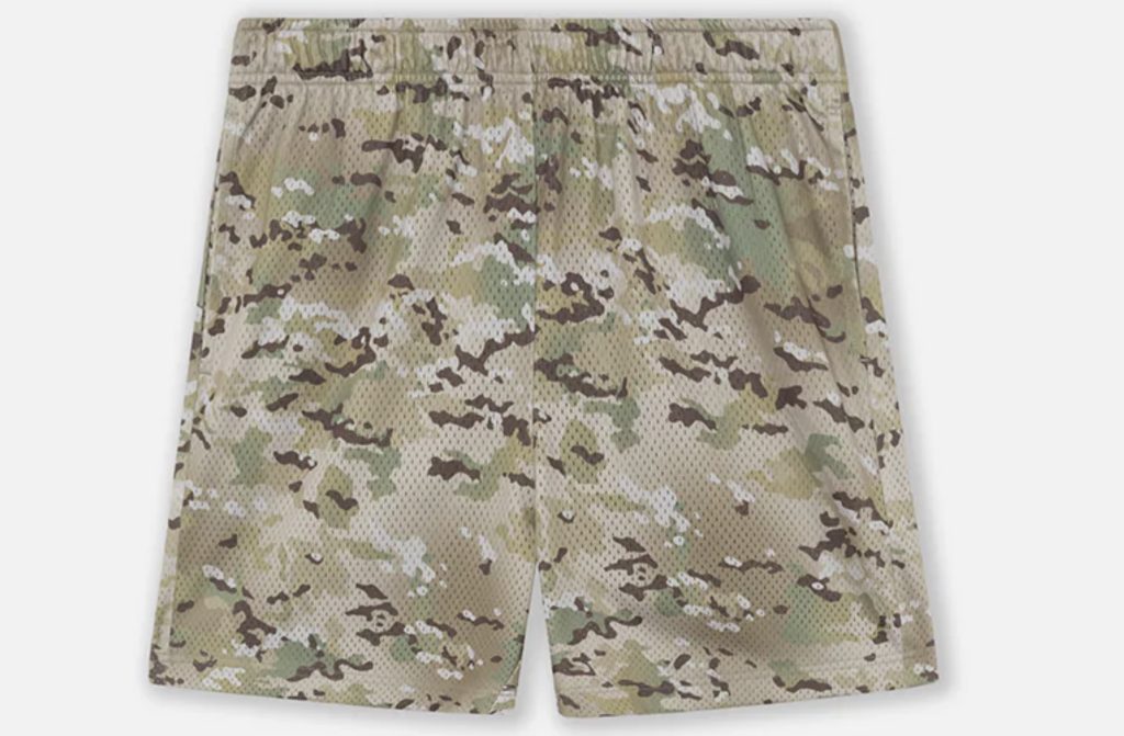 John Elliott Practice Shorts in Multi Camo, lightweight mesh fabric with green, tan, and brown camo pattern, elastic waistband, flat lay